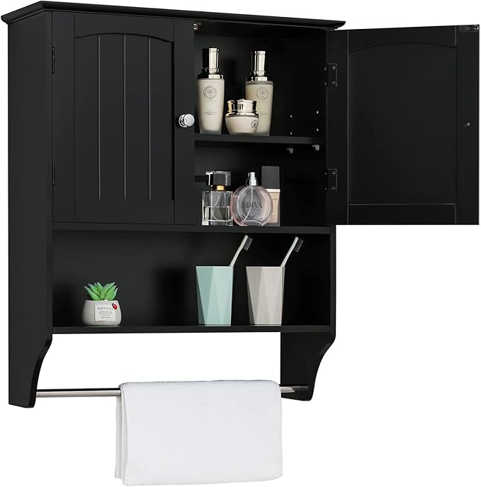Iwell Bathroom Cabinet Wall Mounted with Adjustable Shelf & Towel Rack, Over The Toilet Storage Cabinet, Medicine Cabinet for Bathroom, Laundry Room, Black