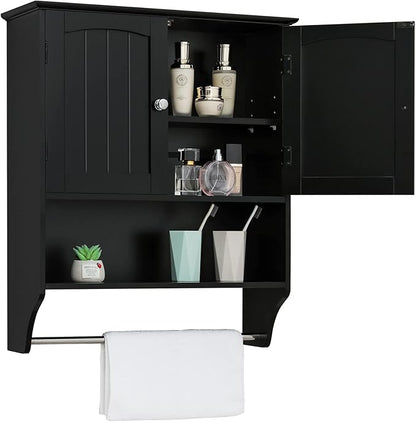 Iwell Bathroom Cabinet Wall Mounted with Adjustable Shelf & Towel Rack, Over The Toilet Storage Cabinet, Medicine Cabinet for Bathroom, Laundry Room, Black