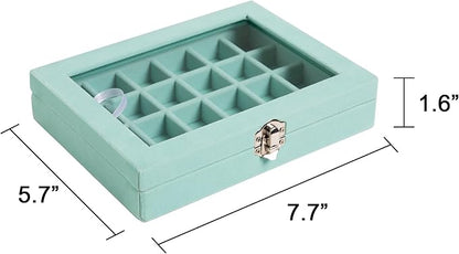 Frebeauty 24 Grid Jewelry Tray,Velvet Stud Earring Organizer,Small Jewelry Organizer with Clear Lid,Lockable Earring Holder Organizer Jewelry Boxes & Organizer Ring Holder for Women & Girls(Turquoise)