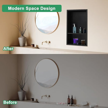 SaniteModar Shower Niche, Stainless Steel Niche for Shower Wall,18"x 12" No Tile Needed,Recessed for Bathroom Storage (Black, 18" x 12" Double)