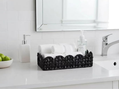 Black Toilet Basket,Scalloped Wicker Basket for Toilet Paper Storage,Small Slim Storage Baskets for Shelf,Bedroom,Living Room,Rectangle