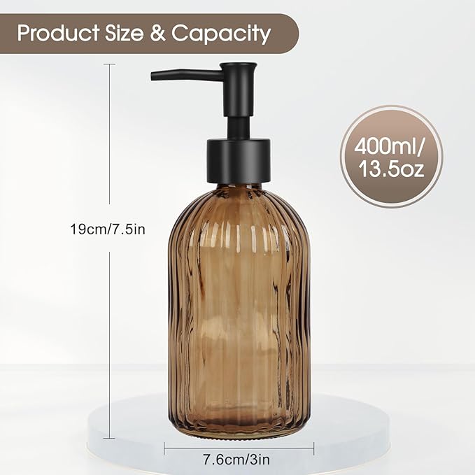 13.5oz Stripe Glass Soap Dispenser with Black Plastic Pump, 400ml Liquid Hand Soap Dispenser, Rustproof Pump for Kitchen & Bathroom, Great for Lotions, Essential Oil, Liquid Soaps-Amber