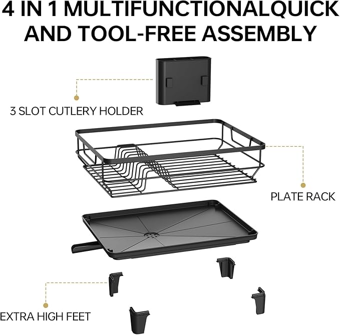 TOOLF Dish Drying Rack, Small Dish Racks for Kitchen Counter, Stainless Steel Sink Organization and Storage Essentials with Cutlery Holder, Dish Drainer, Home and Appartment Decor, Black