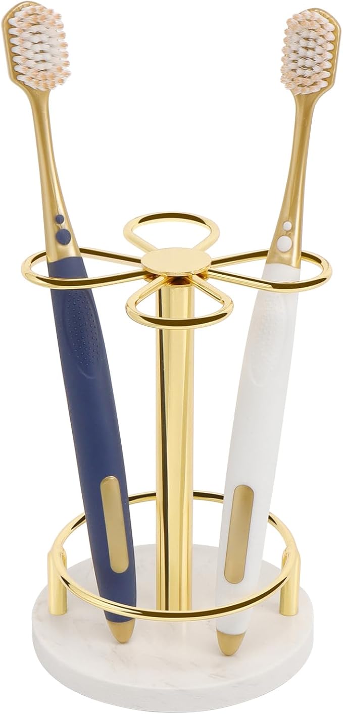 Toothbrush Holder Stand for Bathroom, Metal Toothbrush Organizer with Marble Base, Toothbrush Storage Collection for Family, Suitable for Home Hotel Countertop Vanity (Small, Gold)