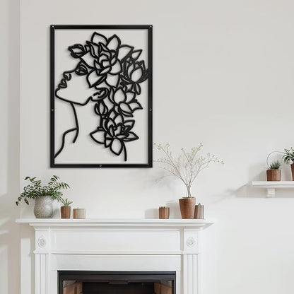 SIGNLEADER Metal Wall Art Decor Flowers Head Woman Modern Abstract Wall Sculpture Hangings Home Decoration for Living Room, Bedroom, Bathroom, Kitchen, Outdoor - 24" Black