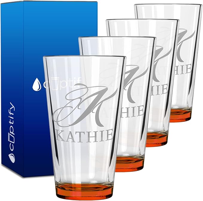 Personalized Beer Glasses Set of 4 Engraved Orange 16oz Pint Glasses for Men & Women, Custom Drinking Gift for Birthdays, Weddings, Father’s Day & More