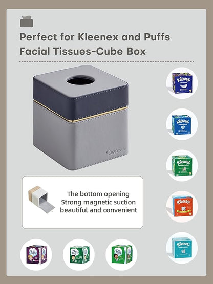 Cloudever Tissue Box Holder Cover Square, Modern PU Leather Decorative Tissue Cube Holder Organizer - Moon Grey