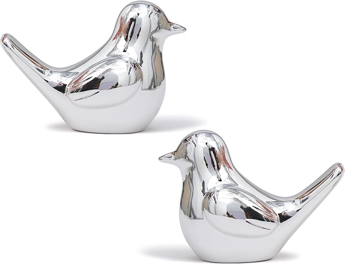 Artconal Small Silver Bird Statue Ceramic 2-Piece Set, 4½ inch Cute Knick Knack for Home Office Shelf Desk Decor