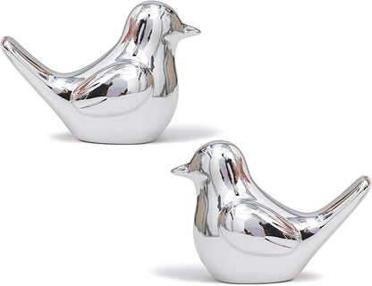 Artconal Small Silver Bird Statue Ceramic 2-Piece Set, 4½ inch Cute Knick Knack for Home Office Shelf Desk Decor