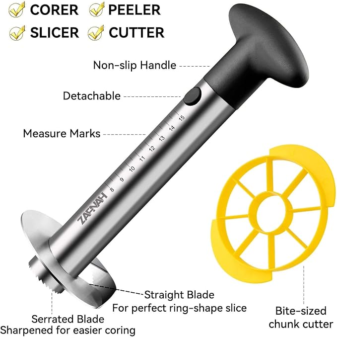 ZAFNAH Pineapple Cutter and Corer Tool, Stainless Steel Pineapple Slicer Peeler, Easy Pineapple Core Remover Eye Removal Tool,ZAFNAH Pelador De Piña (Pineapple corer with Yellow cube cutter)