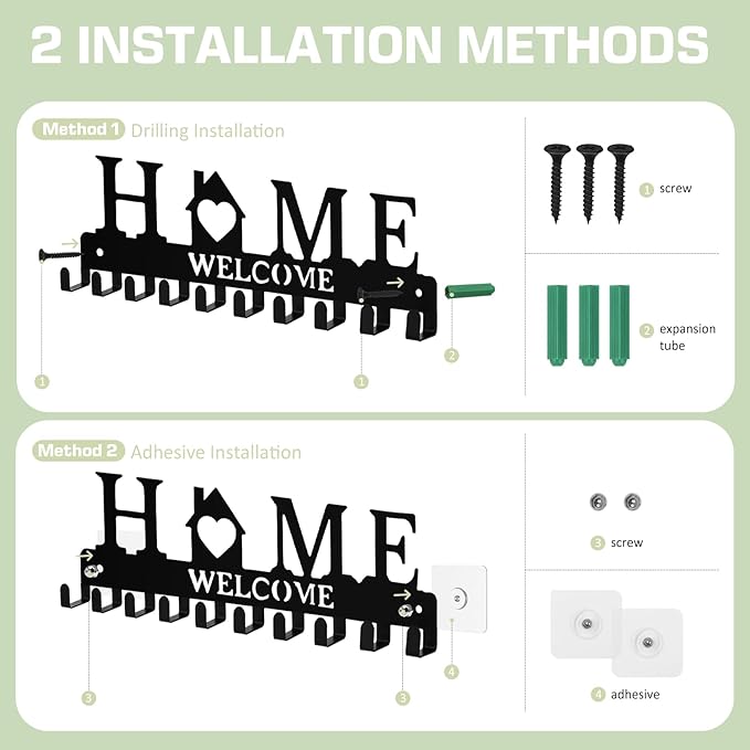 Key Holder Wall Mount, Metal Adhesive Key Hanger with 10 Hooks, 2 Installation Methods, Black