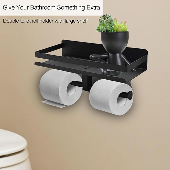 Matte Black Toilet Paper Holder with Shelf Wall Mounted,Stainless Steel Double TP Roll Tissue Holder for Bathroom(1, Matte Black)
