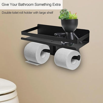 Matte Black Toilet Paper Holder with Shelf Wall Mounted,Stainless Steel Double TP Roll Tissue Holder for Bathroom(1, Matte Black)