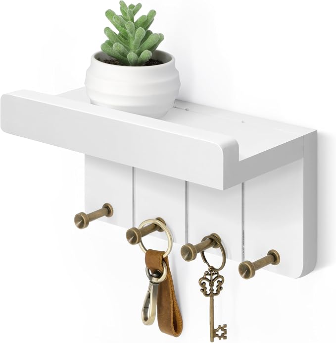 Rebee Vision Small Key Holder Wall Mount - Aesthetic Room Decor with 4 Study Hooks and Mini Floating Shelf - Ideal Apartment Essentials for Farmhouse Living Room and Home Decor (Modern White)