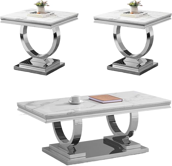 3 Piece Living Room Table Set Include 1 Faux Marble Coffee Table & 2 End Tables, Modern White Silver Coffee Table Set of 3 with Double O Shape Stainless Steel Pedestal Base