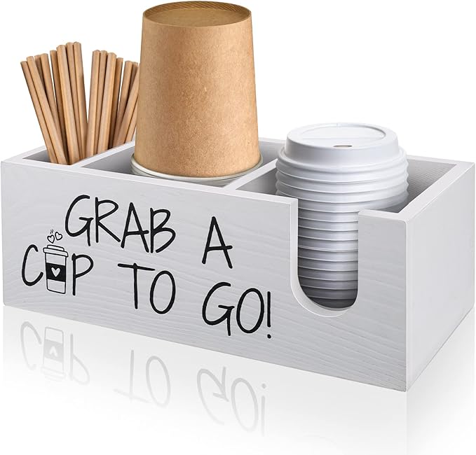 Coffee Station Organizer for Cup and lid Storage Box, Farmhouse Wood Coffee Bar Accessories Disposable Cup Holder for Counter Decor - White