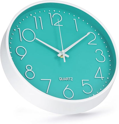 Wall Clock Non-Ticking Silent Modern Simple Style Round Decor Clock Stereoscopic Dial Quartz Wall Clocks for Home/Office/School/Living Room/Bedroom/Kitchen (Turquoise, 12inch)