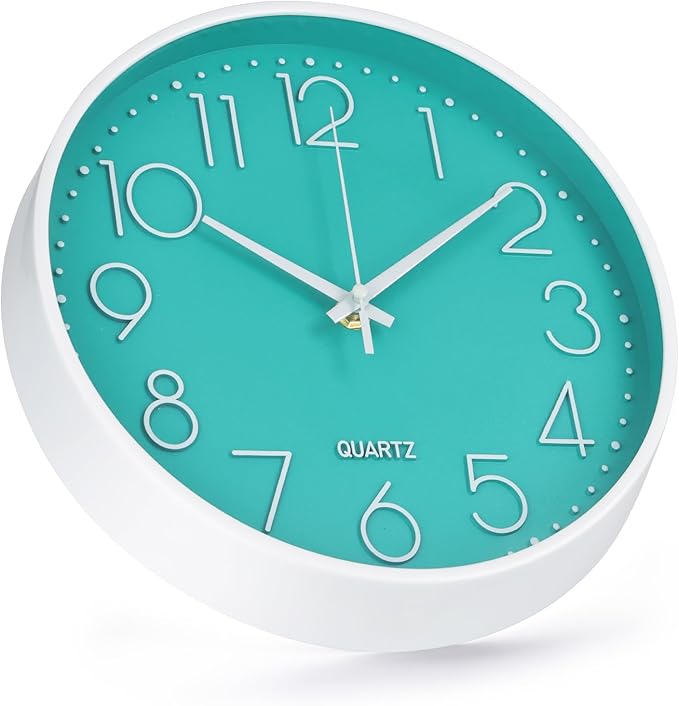 Wall Clock 10 Inch Non-Ticking Silent Modern Simple Style Round Decor Clock Turquoise Stereoscopic Dial Quartz Wall Clocks for Home/Office/School/Living Room/Bedroom/Kitchen