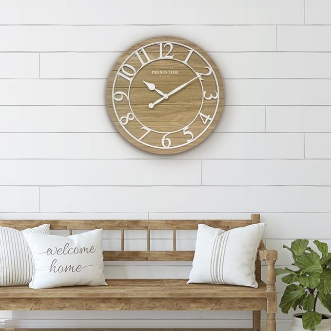 Presentime & Co Classic Farmhouse Shiplap Clock, 19.5 inch, White Arabic Numerals with Ash Wood Shiplap Style. Large Farmhouse Decor for Living Room, Entryway, Home Office, Wall Décor