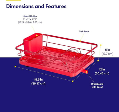 Dish Drying Rack 3 Piece Dish Drainer with Drainboard Set for Kitchen Counter ✅– Dish Rack with Removable Utensil Holder & Swivel Spout for Countertop ✅– DishRack for Plates, Cups & Organization, Red