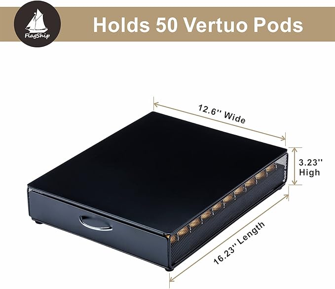 FlagShip for Nespresso Pod Storage Vertuo Pod Holder Coffee Pod Organizer Morden Design And Coffee Machine Stand Black Metal(50 Pods Capacity)
