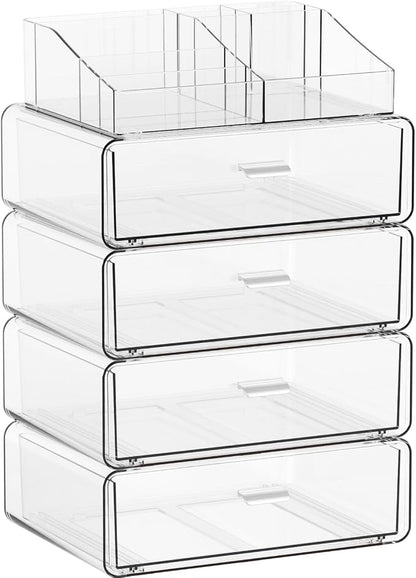Yieach 5 Tier Clear Acrylic Makeup Organizers with Drawers,Tiered Countertop Make up Storage Organizer for Dresser Top and Bathroom Vanity,Plastic Makeup Stand for Brush,Skincare,Beauty Organizers