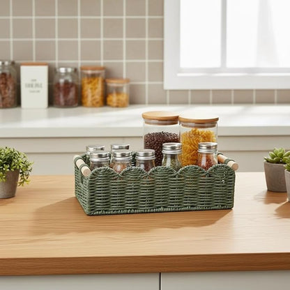 Green Scalloped Edge Baskets with Wood Handle, Set of 2 – Woven Paper Rope Storage Organizer for Living Room, Entryway & Home Décor