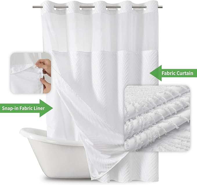 No Hook Shower Curtain and Liner Set,No Hook Tufted Striped Textured Shower Curtain with Snap in Liner Replacement and Waterproof Fabric,Boho Style with See Through Top Window,White,71Wx74H