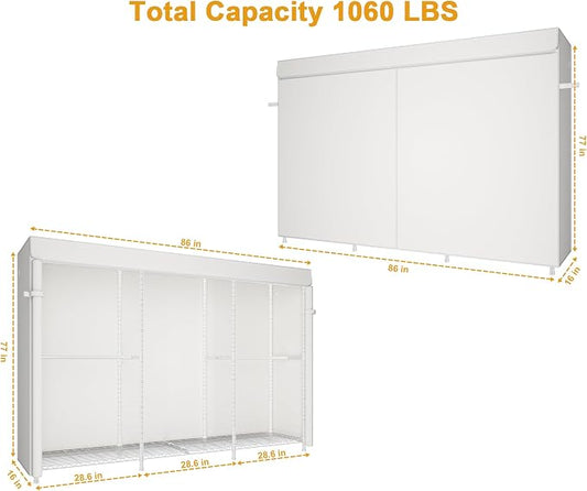 ULIFHOME E14C Max Heavy Duty Closet Organizer System，Freestanding Clothing Racks for Hanging Clothes，Adjustable Garment Rack 86" W × 16" D × 77" H Hold 1060 lbs，White Rack with White Cover