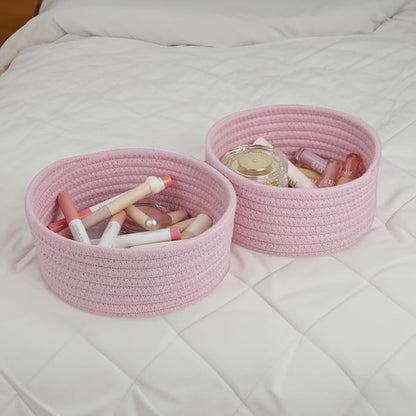 Small Storage Basket, Set of 3 Woven Baskets, Cotton Rope Small Baskets for Organizing, Cute Mini Tiny Round Basket, Bathroom Organization Bin (Pink)