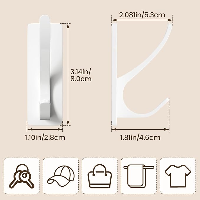 pickpiff White Self Adhesive Coat Hooks for Hanging: 13LB Extra Strong Stainless Wall Hook for Towel, Utensil, Backpack, Hat, Sturdy Metal Hanger for Bathroom, Kitchen, Door, 10 Pack