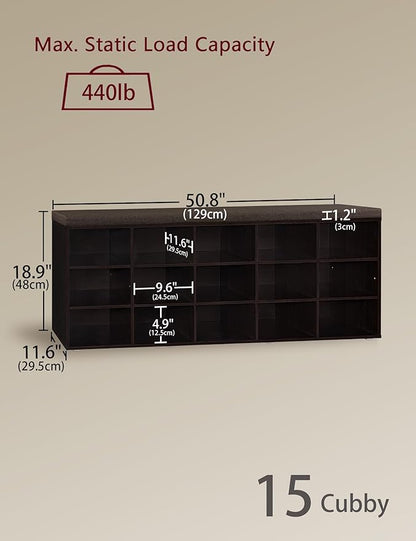 DINZI LVJ Shoe Storage Bench with Cushion, 15-Cubby Shoe Rack, Adjustable Shelves, Long Shoe Organizer Bench for Entryway, Mudroom, Hallway, Living Room, Bedroom and Garage, Espresso