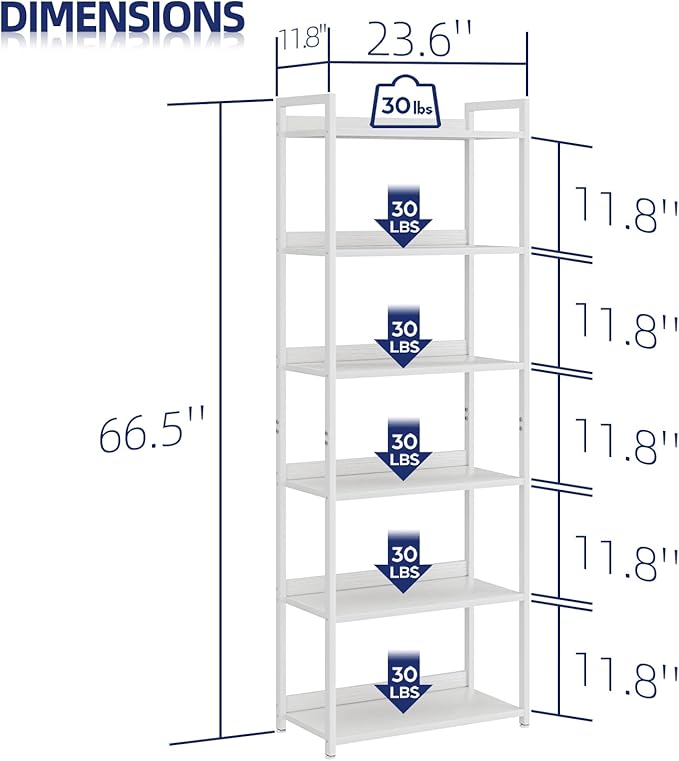 NUMENN Bookshelf, 6 Tier Bookshelves, Home Office Bookcase Shelf Storage Organizer, Free Standing Storage Shelving Unit for Bedroom, Living Room and Home Office, White