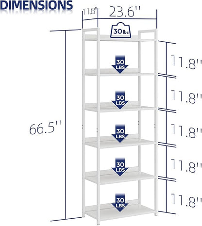 NUMENN Bookshelf, 6 Tier Bookshelves, Home Office Bookcase Shelf Storage Organizer, Free Standing Storage Shelving Unit for Bedroom, Living Room and Home Office, White