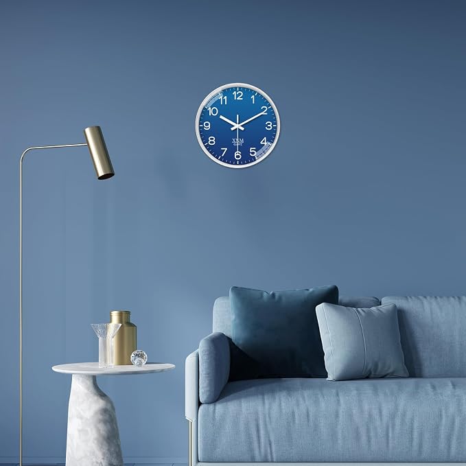 XNM 10 Inch Modern Navy Blue Clock for Office Bedroom Classic Wall Clock Battery Operated Minimalist Silent Wall Clock