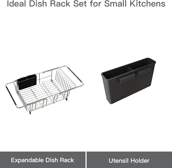 Over the Sink Expandable Dish Drainer Drying Rack In Stainless Steel for Small Kitchen, Counter Space Saving Modern Compact Metal Above Plate Dryer Strainer, Adjustable Hanging Inside Drain Holder | Expandable Stainless Steel Dish Drainer for Small Kit...
