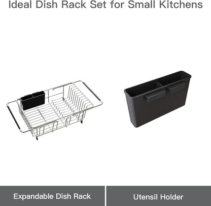 Over the Sink Expandable Dish Drainer Drying Rack In Stainless Steel for Small Kitchen, Counter Space Saving Modern Compact Metal Above Plate Dryer Strainer, Adjustable Hanging Inside Drain Holder | Expandable Stainless Steel Dish Drainer for Small Kit...