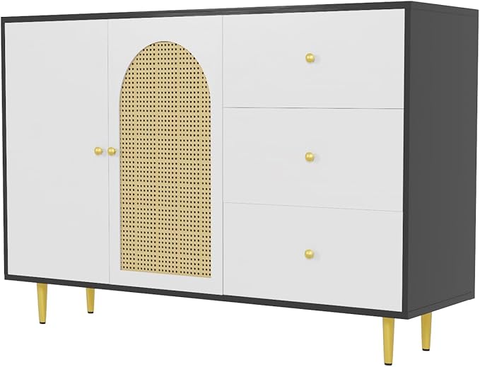 47 Inch Buffet Cabinet with Storage, Sideboard Entryway Cabinet, Buffet Table with Drawers and 2 Rattan Doors, Sideboard Coffee Bar Cabinets with Adjustable Shelf for Kitchen, Living Room