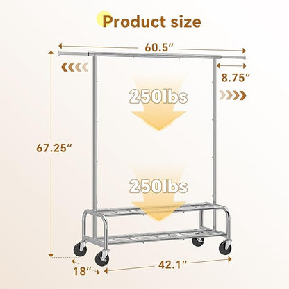 Simple Trending Heavy Duty Clothes Clothing Rack for Hanging, Rolling Garment Rack with Shelves Load 500 LBS, Chrome