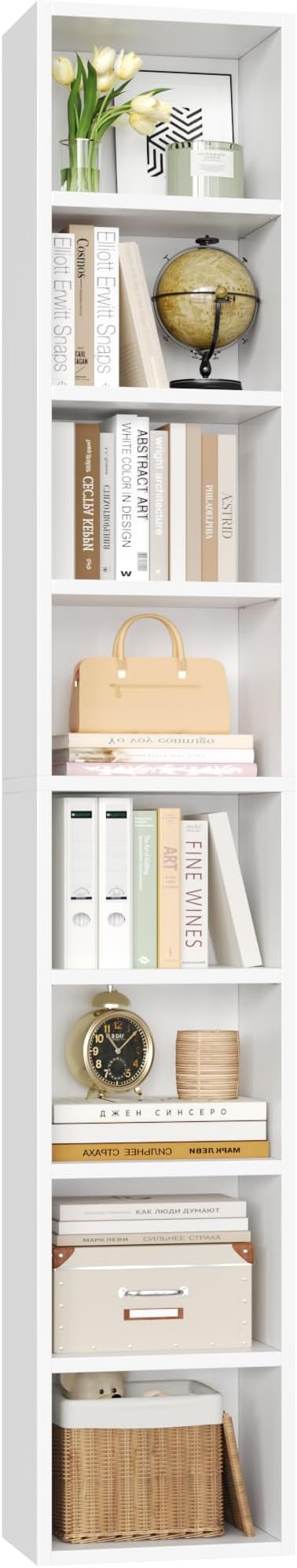 FOTOSOK White Bookshelf 8-Tier Narrow Bookshelf, 11.6 X 9.3 X 70.9 Tall CD DVD Media Tower Rack with 4 Adjustable Shelves, Tall Narrow Bookcase Slim Display Bookshelf with Cube Storage for Home Office