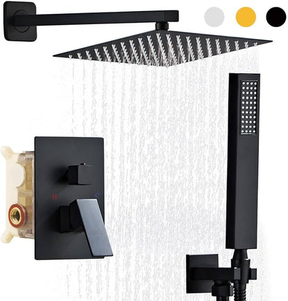 SaniteModar Black Shower Head System 8 Inch Square Rainfall Shower Head with Handheld Shower Vaval and Trim Kit Wall Mounted Shower Faucet Set, Matte Black Shower Head