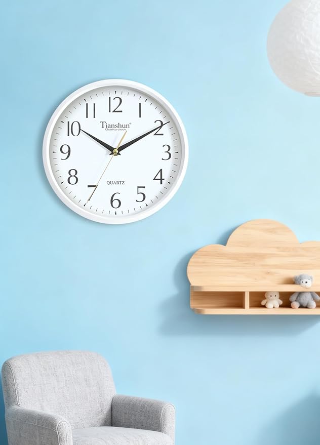 Wall Clock Silent Non-Ticking Battery Operated Small 10 Inch Modern Easy to Read for Living Room Bedroom Kitchen Office Decor (White)