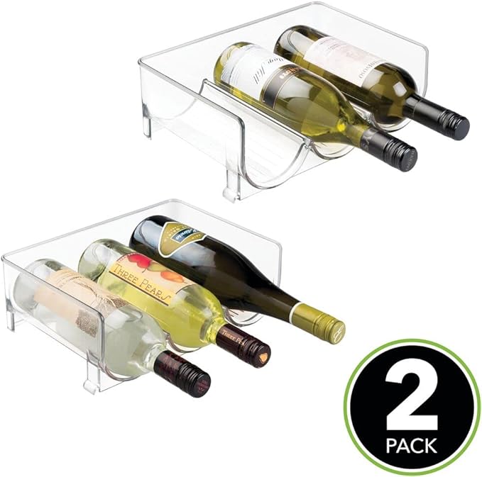 mDesign Stackable Plastic 3 Bottle Refrigerator Wine Rack - Kitchen Storage Organizer Holder for Storing Champagne, Wine, and Water Bottles - Stacking Wine Bottle Organizer for Fridge - 2 Pack - Clear