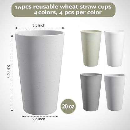 HEYCOME Set of 16 Wheat Straw Cups, 16 Pcs 20 oz Unbreakable Drinking Cups, Reusable Plastic Cups Sets, Water Glasses Tumblers, Microwave & Dishwasher Safe, Bpa Free, 4 Colors
