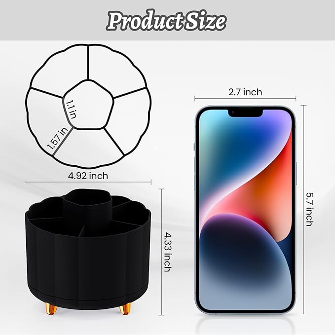 Pencil Holder for Desk 360 Rotating, Pen Holder for Desk or Classroom, Pencil Cup & Pen Organizer, Rotating Caddy, Makeup Brush Holders with 6 Slots, Black