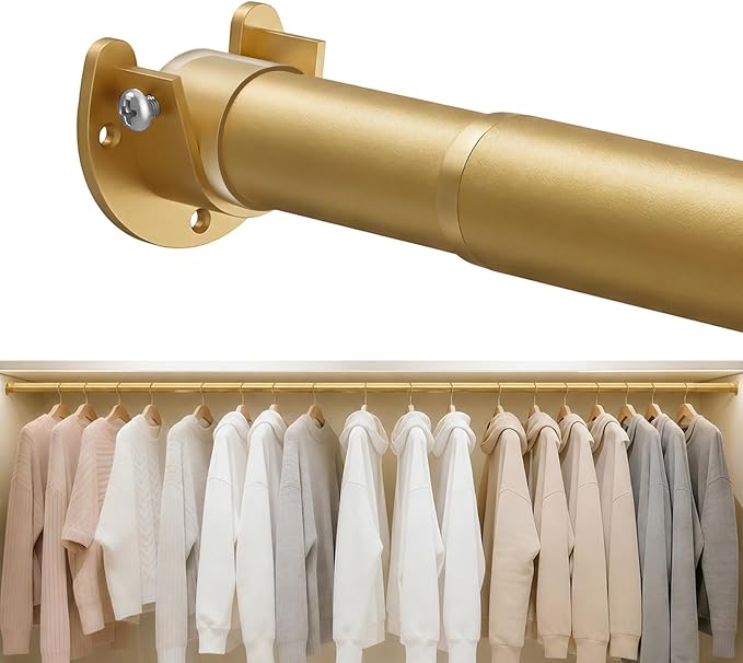 Heavy Duty Closet Rod, 17-99 IN Closet Rods for Hanging Clothes, Gold | Stepless Adjustable, Supports up to 66 lbs, Multiple Size Options, Easy Installation, Multi Purpose , Wall-Mounted