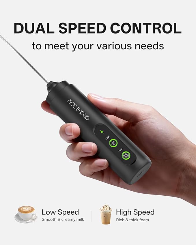 CIRCLE JOY Rechargeable 2-Speed Handheld Milk Frother with Stand, Dual Spring Whisk Electric Foamer, Portable & Detachable Coffee Frother Wand, Drink Mixer for Lattes, Macchiato, Hot Chocolate, Black