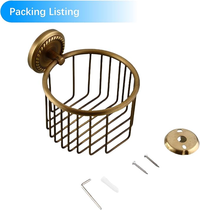 Vintage Toilet Paper Holder Wall Mounted Bathroom Roll Tissue Wire Basket, Antique Brass