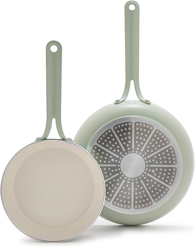 GreenPan Nova 2-Piece Nonstick Frying Pan Set, 8” & 10” Skillets, PFAS-Free Ceramic Cookware, Durable Fast Heating, Induction Ready, Omelet & Eggs, Oven Safe to 600F, Dishwasher Safe, Pistachio Green