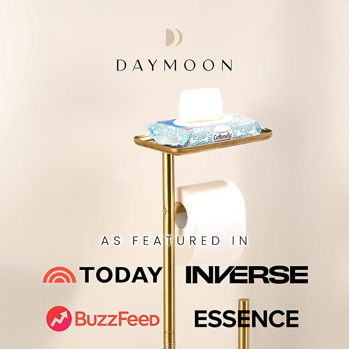 Day Moon™ Gold Toilet Paper Holder Free Standing Toilet Paper Holder with Storage - Toilet Paper Stand and Tissue Holder for Bathroom - Toilet Paper Holder with Shelf and Wipe Holder